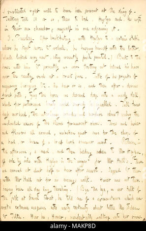 Describes his visit with Edward Heylyn and his return to Elisha Hall's farm.  Transcription: I recollected right well to have been present at the doing of. Talking till 11 or so, then to bed, [Edward] Heylyn and his wife [Liz Heylyn] in their own chamber, myself in one adjoining it. 3. Tuesday. After breakfasting, with Heylyn to a certain stable where he kept horse & vehicle, he busying himself with the latter, (which looked very neat, being recently fresh painted.) Back to the house with him & presently we were trotting out behind his horse over the country roads at a brisk pace. Talk of his  Stock Photo