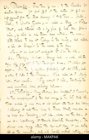 Describes witnessing a fire at a confectionary and French chocolate factory.  Transcription: 23. Thursday. Down town by noon, to the Reveille & Lantern Offices. Got paid $5 at the Latter & $3 as half payment for two other drawings I took there. Calls. Dined, to Castle Garden;  ? called on May, in Wall Street, and returned with a big piece of lead Ore, from a mine, of which he and others have control. To room [290 Broadway]. With [Alfred] Waud to sup at Goslings in the evening, had called on him at [E.H.] Chapin ?s in the course of the day. Now is it an hour past midnight & I ?m to bed. 24. Fri Stock Photo