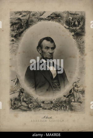 Bust portrait of a bearded man in a suit surrounded by smaller images that create a frame. 'A. Lincoln' (signature printed below image). 'ABRAHAM LINCOLN. PRESIDENT OF THE UNITED STATES ASSASSINATED APRIL 14, 1865' (printed below image). 'Gift of Paul E. Johnson 1/22/51' (written on reverse side). Title: President Abraham Lincoln.  . 1864. J.C. Buttre, New York Stock Photo