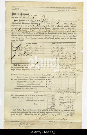 Purchase of property from county for past due taxes by Firmin Desloge in the amount of $19.85 at Potosi, 5 parcels containing approximately 520 acres in Washington County. Title: Certificate of purchase signed John C. Breckenridge, Collector of Washington County, October 5, 1868  . 5 October 1868. Breckenridge, John C. Stock Photo