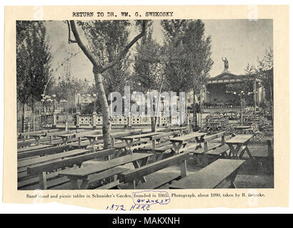 Horizontal, black and white photograph from a book of the Schnaider's Beer Garden. The photograph features two rows of picnic tables and tables with chairs. A stage is present in the background with a statue centered on top of the roof. The center of the garden features a circular decorative wooden fence with lamps where two girls lean against the inner fence. Title: Schnaider's Beer Garden. 1100 Block of Mississippi.  . circa 1890. Swekosky, William G., 1895-1964 Stock Photo