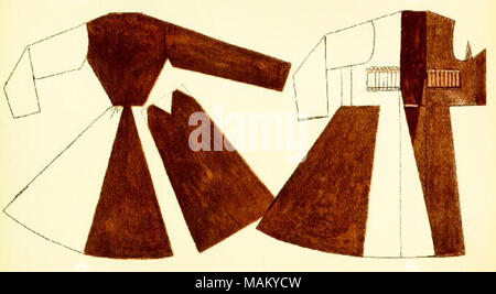 CENTRAL CAUCASUS. A cherkesska, the national Caucasian dress. This tight waisted garment is always made of strongly woven wool. The favourite colours are black, dark blue, grey, and brown. Red, white, and ochre colored materials are also used. Cloth cases are attached to that part covering the chest in which formerly cartridges were kept. Even peaceful urban artisans have not discarded the empty cloth cases on their coats. A narrow leather belt is worn round the cherkesska to middle of which the national dagger (the kindshal) is hung. Shirt, trousers, and beshmet (cf. Pl. 69) are worn under th Stock Photo
