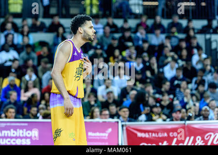 London, UK, 02/04/2018. Big Baller's London Clash at The Copper Box Arena  A very exciting game basketball ball game where Lithuania's Vytautas BC beat London Lions 127 vs 110. London Lions Jordon Spencer (33) questions a call.  (c) pmgimaging /Alamy Live News Stock Photo