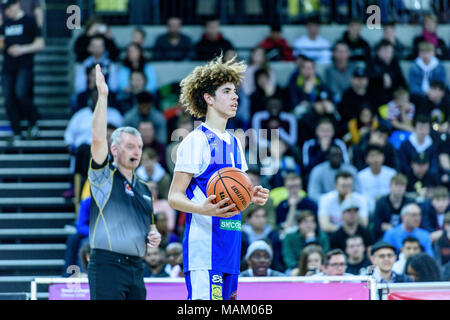 London, UK, 02/04/2018. Big Baller's London Clash at The Copper Box Arena  A very exciting game basketball ball game where Lithuania's Vytautas BC beat London Lions 127 vs 110. Lithuania Vytasuas' LaMell Ball (01) about to bring into play. (c) pmgimaging /Alamy Live News Stock Photo
