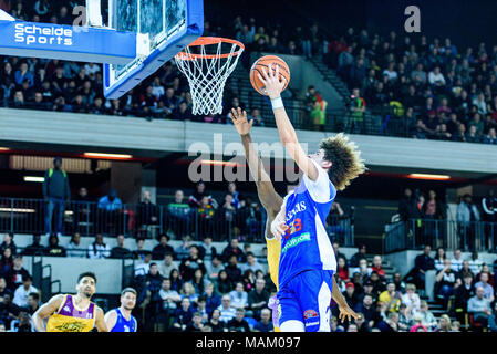 London, UK, 02/04/2018. Big Baller's London Clash at The Copper Box Arena  A very exciting game basketball ball game where Lithuania's Vytautas BC beat London Lions 127 vs 110. LaMell Ball (01) goes for the net.  (c) pmgimaging /Alamy Live News Stock Photo