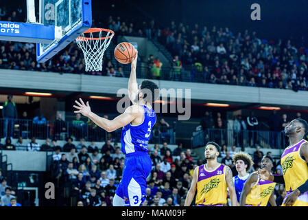 London, UK, 02/04/2018. Big Baller's London Clash at The Copper Box Arena  A very exciting game basketball ball game where Lithuania's Vytautas BC beat London Lions 127 vs 110. LiAngelo Ball (03) goes for the net.  (c) pmgimaging /Alamy Live News Stock Photo