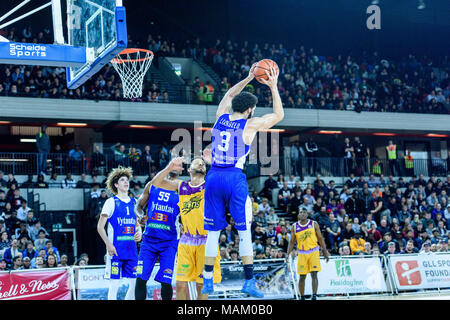 London, UK, 02/04/2018. Big Baller's London Clash at The Copper Box Arena  A very exciting game basketball ball game where Lithuania's Vytautas BC beat London Lions 127 vs 110. LiAngelo Ball (03) passing the ball during play.  (c) pmgimaging /Alamy Live News Stock Photo