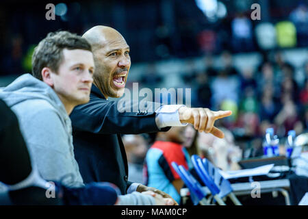 London, UK, 02/04/2018. Big Baller's London Clash at The Copper Box Arena  A very exciting game basketball ball game where Lithuania's Vytautas BC beat London Lions 127 vs 110. Big Baller Brand (BBB) Coaching during the game,  (c) pmgimaging /Alamy Live News Stock Photo