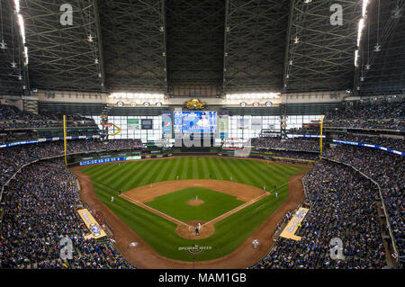 Milwaukee, WI, USA. 2nd Apr, 2018. An overhead view of Miller Park during the home opener of the Major League Baseball game between the Milwaukee Brewers and the St. Louis Cardinals at Miller Park in Milwaukee, WI. Cardinals defeated the Brewers 8-4. John Fisher/CSM/Alamy Live News Stock Photo