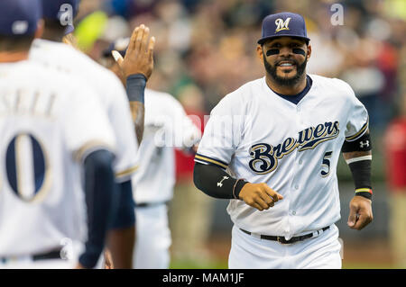 Milwaukee, WI, USA. 2nd Apr, 2018. Milwaukee Brewers second baseman Jonathan Villar #5 is introduced before the Major League Baseball game between the Milwaukee Brewers and the St. Louis Cardinals at Miller Park in Milwaukee, WI. Cardinals defeated the Brewers 8-4. John Fisher/CSM/Alamy Live News Stock Photo