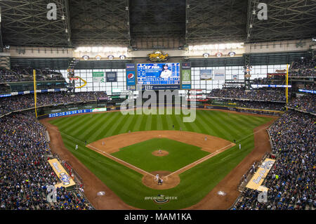 Milwaukee, WI, USA. 2nd Apr, 2018. An overhead view of Miller Park during the home opener of the Major League Baseball game between the Milwaukee Brewers and the St. Louis Cardinals at Miller Park in Milwaukee, WI. Cardinals defeated the Brewers 8-4. John Fisher/CSM/Alamy Live News Stock Photo