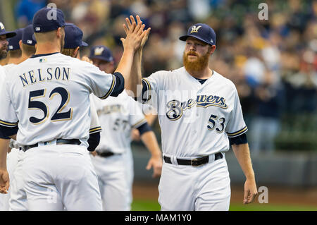 Milwaukee, WI, USA. 2nd Apr, 2018. Milwaukee Brewers relief pitcher Brandon Woodruff #53 is introduced before the Major League Baseball game between the Milwaukee Brewers and the St. Louis Cardinals at Miller Park in Milwaukee, WI. Cardinals defeated the Brewers 8-4. John Fisher/CSM/Alamy Live News Stock Photo