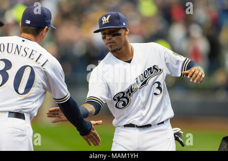 Milwaukee, WI, USA. 2nd Apr, 2018. Milwaukee Brewers shortstop Orlando Arcia #3 is introduced before the Major League Baseball game between the Milwaukee Brewers and the St. Louis Cardinals at Miller Park in Milwaukee, WI. Cardinals defeated the Brewers 8-4. John Fisher/CSM/Alamy Live News Stock Photo