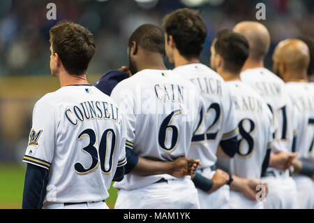 Milwaukee, WI, USA. 2nd Apr, 2018. Milwaukee Brewers manager Craig Counsell #30 before the Major League Baseball game between the Milwaukee Brewers and the St. Louis Cardinals at Miller Park in Milwaukee, WI. Cardinals defeated the Brewers 8-4. John Fisher/CSM/Alamy Live News Stock Photo
