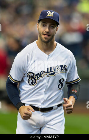 Milwaukee, WI, USA. 2nd Apr, 2018. Milwaukee Brewers left fielder Ryan Braun #8 is introduced before the Major League Baseball game between the Milwaukee Brewers and the St. Louis Cardinals at Miller Park in Milwaukee, WI. Cardinals defeated the Brewers 8-4. John Fisher/CSM/Alamy Live News Stock Photo