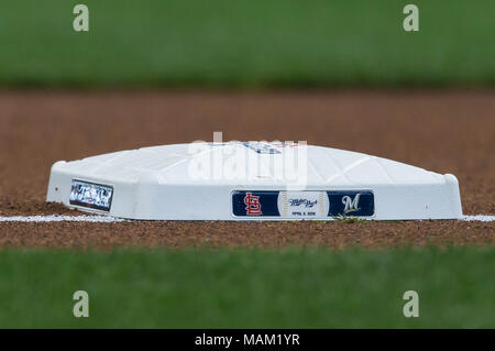 Milwaukee, WI, USA. 2nd Apr, 2018. Third base on opening day of the Major League Baseball game between the Milwaukee Brewers and the St. Louis Cardinals at Miller Park in Milwaukee, WI. Cardinals defeated the Brewers 8-4. John Fisher/CSM/Alamy Live News Stock Photo