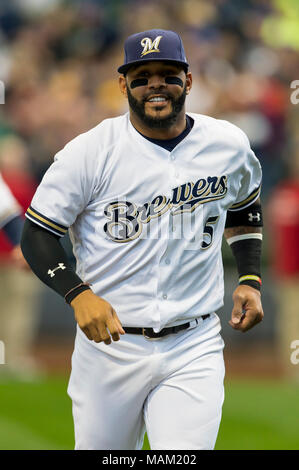 Milwaukee, WI, USA. 2nd Apr, 2018. Milwaukee Brewers second baseman Jonathan Villar #5 is introduced before the Major League Baseball game between the Milwaukee Brewers and the St. Louis Cardinals at Miller Park in Milwaukee, WI. Cardinals defeated the Brewers 8-4. John Fisher/CSM/Alamy Live News Stock Photo
