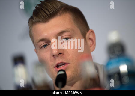 22 March 2018, Germany, Duesseldorf: Soccer, German national squad press conference, Toni Kroos answering journalists' questions. The German national squad will face off against Spain in a friendly match on 23 March 2018. Photo: Federico Gambarini/dpa Stock Photo