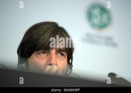 22 March 2018, Germany, Duesseldorf: Soccer, German national squad press conference, Germany head coach Joachim Loew answering journalists' questions. The German national squad will face off against Spain in a friendly match on 23 March 2018. Photo: Federico Gambarini/dpa Stock Photo