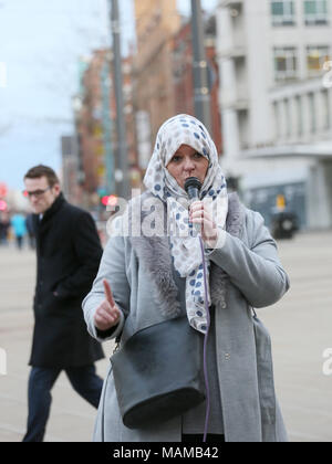 Manchester, UK. 3rd April, 2018. Lauren Booth Journalist and activist speaking at solidarity with the Muslim community vigil been held in response to the 'Punish a Muslim day' and the rise in attacks on Muslims organised by Stand Up To Racism, St Peters Square, Manchester, 3rd April, 2018 (C)Barbara Cook/Alamy Live News Stock Photo