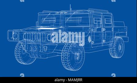 Combat car blueprint. 3d illustration. Wire-frame style Stock Photo
