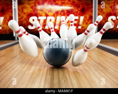 Bowling strike concept with rolling ball and pins. 3D illustration. Stock Photo