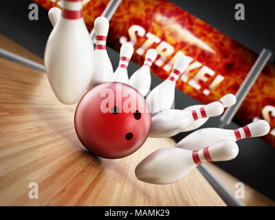 Bowling strike concept with rolling ball and pins. 3D illustration. Stock Photo