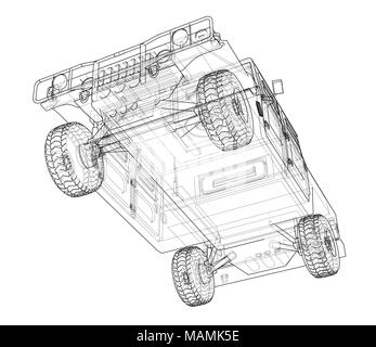 Combat car blueprint. 3d illustration. Wire-frame style Stock Photo
