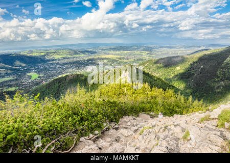 Landscape of mountain valley, panorama of city Zakopane from the hiking trail in Tatra Mountains, summer, Poland Stock Photo