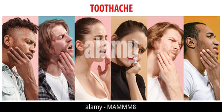 Collage about group of people with toothache. Men, women with tooth pain illness Stock Photo