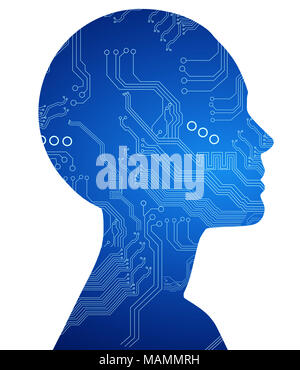 Silhouette of woman with motherboard texture. Stock Photo