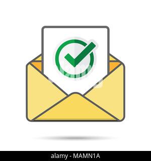 Email with document and round green check mark icon. successful verification concepts. Vector email icon Stock Vector