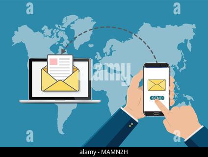 Hand touching smart phone with sending email symbol on laptop. New message. New email. Flat vector illustration. Stock Vector