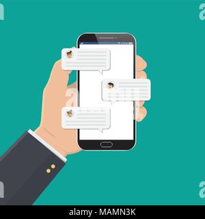 Mobile phone chat message notifications vector illustration isolated on color background, hand with smartphone and chatting bubble speeches, concept o Stock Vector
