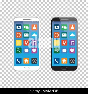 New realistic mobile smart phone black and white modern style. Vector smartphone with UI icons. isolated on transparent background. Stock Vector