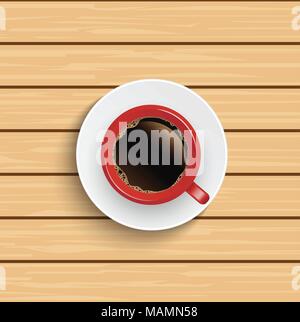 Realistic top view red coffee cup on wooden table. Stock Vector