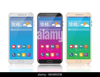 Smartphones black, white and gold. Smartphone isolated. Vector illustration. Stock Vector
