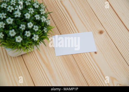 Blank business cards and little decorative tree in white vase on wooden working table with copy space for add text ID. and logo, business company conc Stock Photo