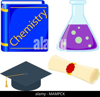 Chemistry mastering study icon set. Colorful cartoon textbook test tube graduation diploma scroll and hat. Education theme vector illustration for sti Stock Vector