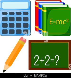 Calculus and physics study icon set. Colorful cartoon calculator pencil textbook chalk board. Education theme vector illustration for gift card banner Stock Vector