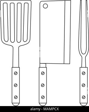 Line art black and white bbq cutlery set. Fork spatula knife wooden handle. Cooking vector illustration for gift card certificate sticker, badge, sign Stock Vector