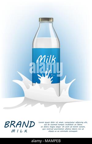 Milk bottle realistic package mock up with Liquid splash background. Healthy beverage glass bottle with milk drink for ads or magazine design. 3d vector illustration. Stock Vector