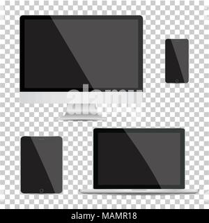 Set of realistic computer monitor, laptop, tablet and mobile phone with empty white screen. Various modern electronic gadget on transparent background Stock Vector