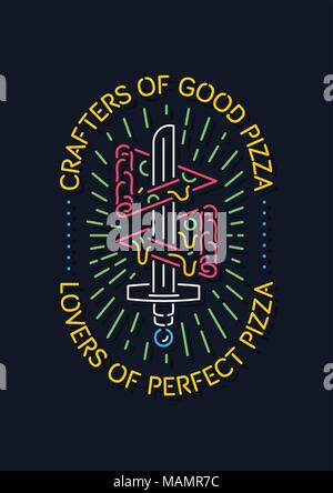 It's a colored vector neon illustration depicting a sword with two slices of gorgeous pizza Stock Vector