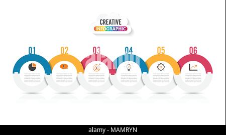 Template Timeline Infographic colored horizontal numbered for six position can be used for workflow, banner, diagram, web design, area chart Stock Vector
