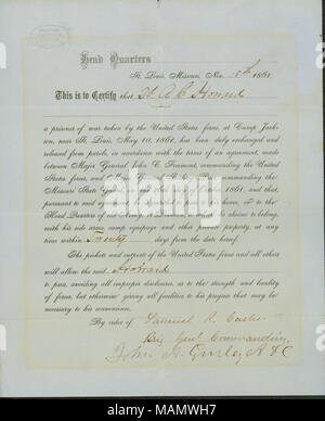 States that Howard, a prisoner of war captured at Camp Jackson, has been exchanged and released from parole. Title: Certificate of exchange for prisoner A.C. Howard, signed John A. Gruley, A.D.C., November 15, 1861  . 15 November 1861. Gruley, John A. Stock Photo