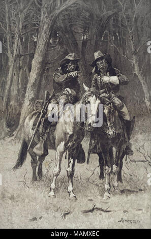 . English: Cheyenne Scouts Patrolling the Big Timber of the North Canadian, Oklahoma . 1889 Stock Photo