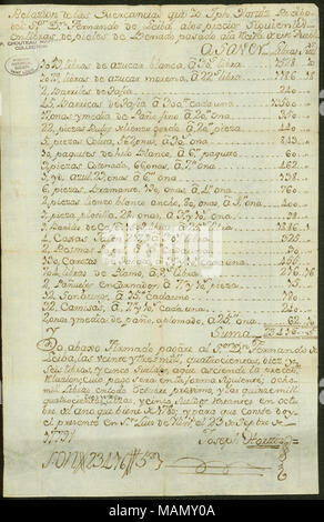 Includes endorsements on back of subsequent payments. Title: Invoice of merchandise received by Joseph Hortiz from Fernando de Leiba, September 23, 1779  . 23 September 1779. Leyba, Fernando de Stock Photo