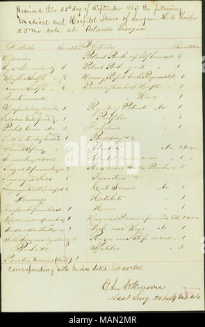 Receipt of medical and hospital stores signed E.S. Atkinson