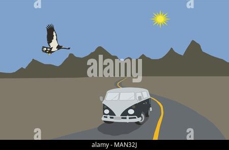 Illustration of a van on a desert road with a hawk flying overhead and mountains in the distance. Stock Vector